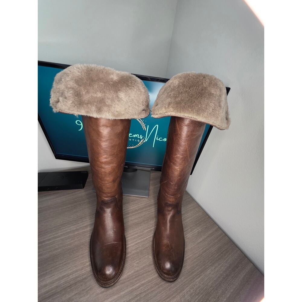FRYE Mara Button Dark Brown Leather Shearling Over Knee Boots